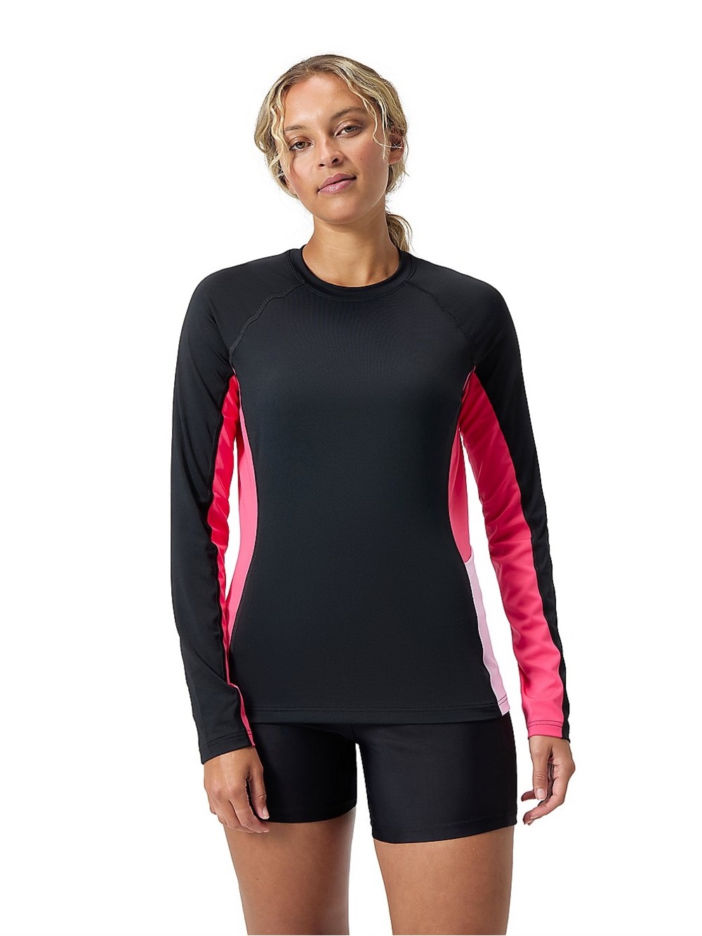Speedo Colourblock Black and Pink Long-Sleeve Rashguard/Swim Top | L (12)